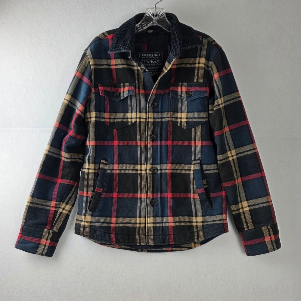 American Eagle Plaid Quilted Flannel Shirt Jacket Navy Red Corduroy Collar S
